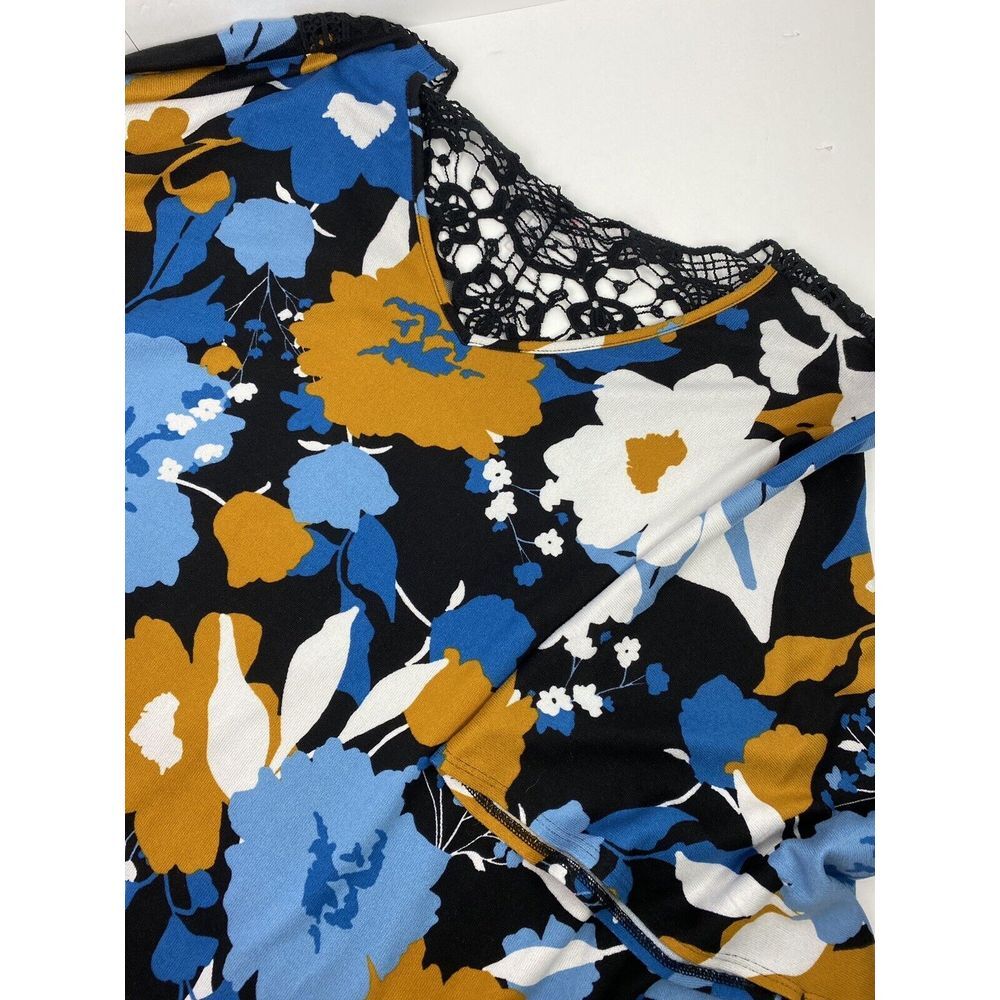 Susan Graver Printed Knit Top Womens Size Large Blue/Black/Brown Floral Stretch